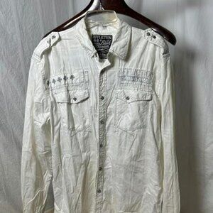 White Affliction button-up shirt with silver embroidered logo and distressing